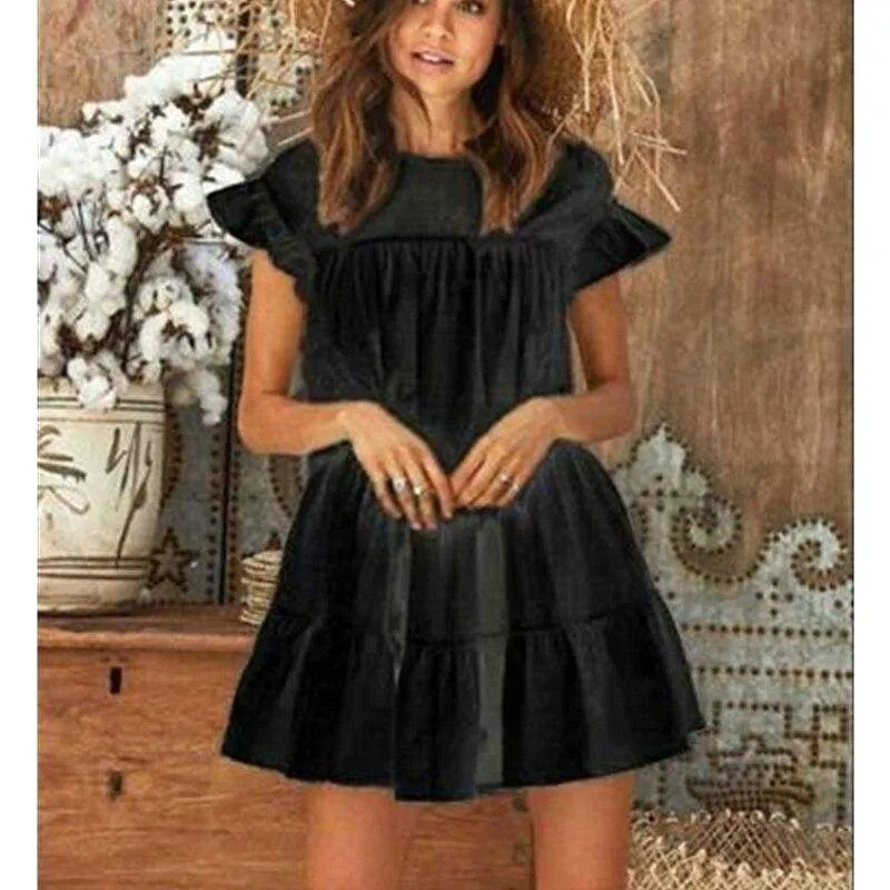 FashionSierra - Summer Women Ruffle Sleeveless Evening Party Beach Holiday Loose Dress Simple Casual Solid Vacation Sundress