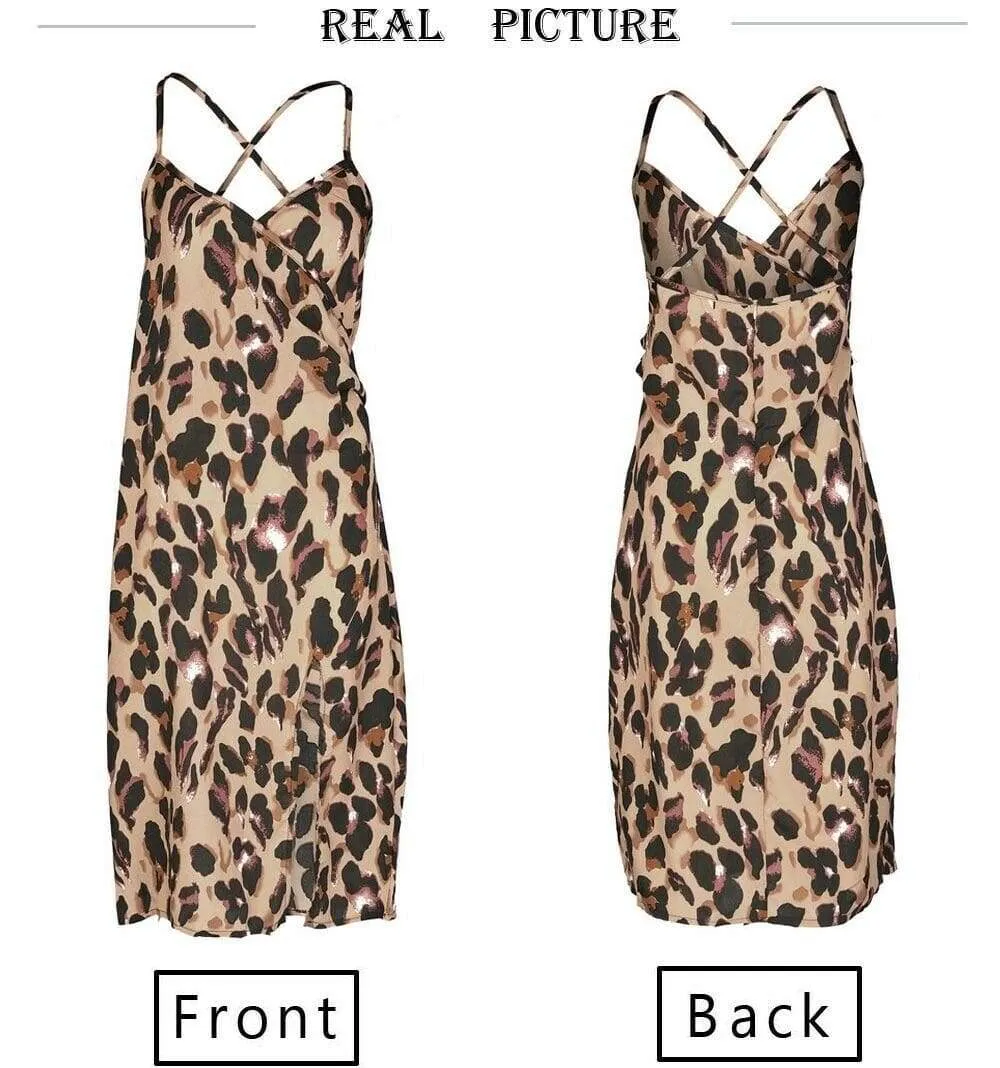 FashionSierra - Women Holiday Strappy High Waist Leopard Print Summer Casual Sleeveless V-Neck Fashion Ladies Beach Side Split Sundress New