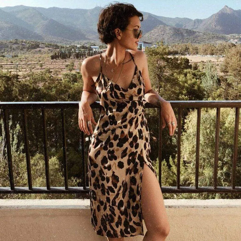 FashionSierra - Women Holiday Strappy High Waist Leopard Print Summer Casual Sleeveless V-Neck Fashion Ladies Beach Side Split Sundress New