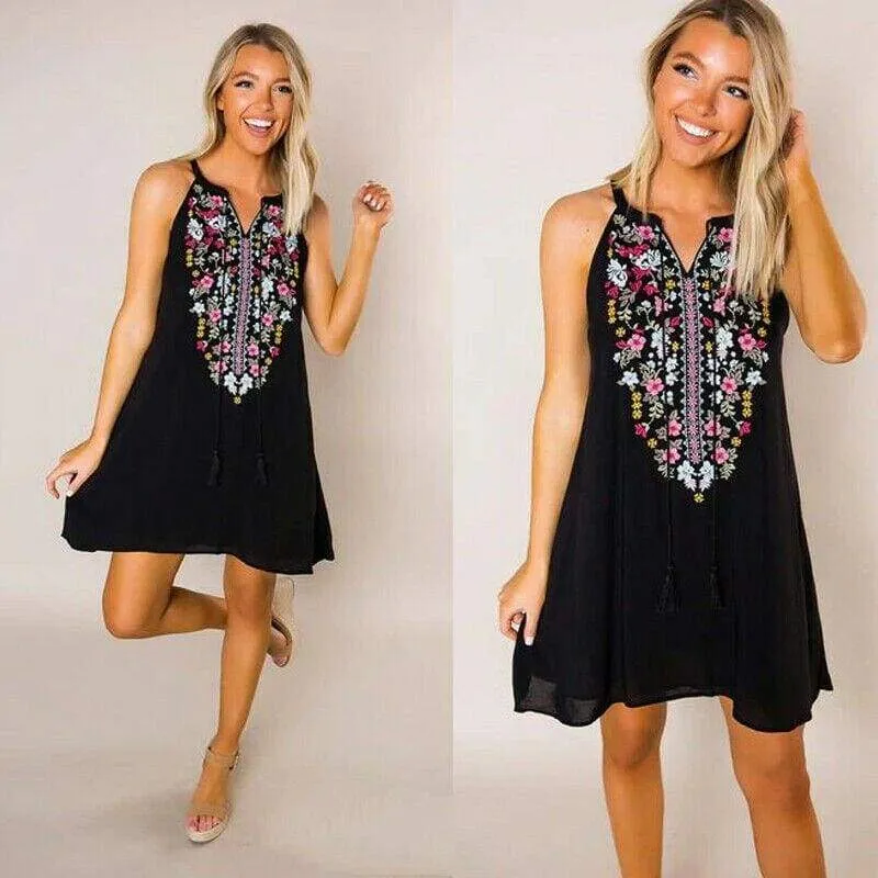 FashionSierra - Women's Boho Floral Sleeveless Dress Bohemian Summer Holiday Party Beach Casual Short Mini Dress Sundress