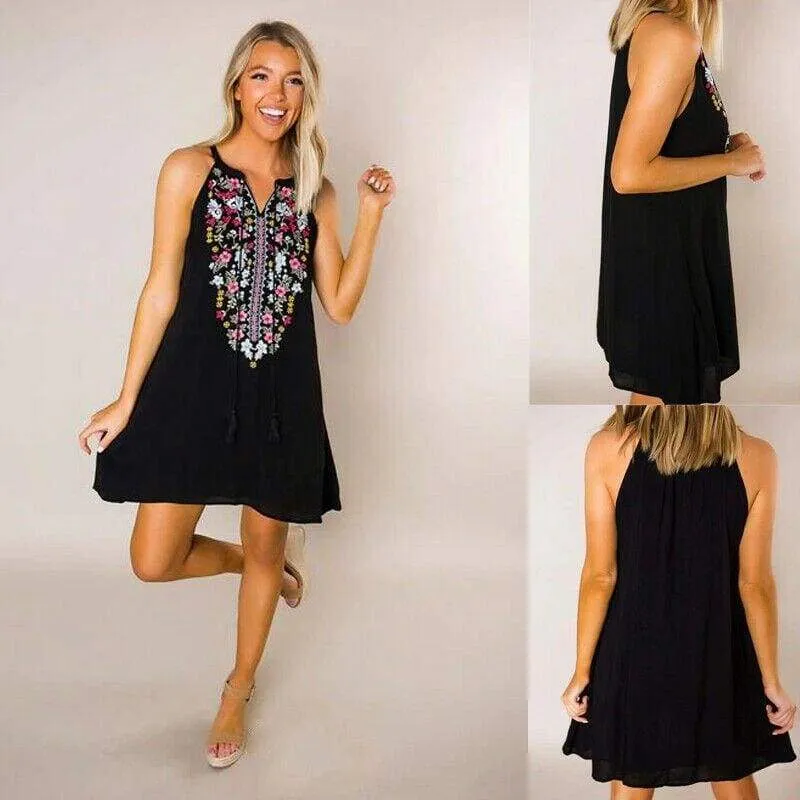 FashionSierra - Women's Boho Floral Sleeveless Dress Bohemian Summer Holiday Party Beach Casual Short Mini Dress Sundress