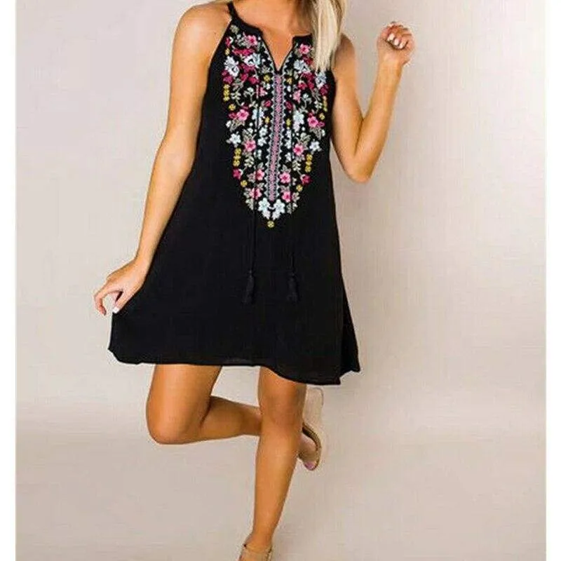 FashionSierra - Women's Boho Floral Sleeveless Dress Bohemian Summer Holiday Party Beach Casual Short Mini Dress Sundress