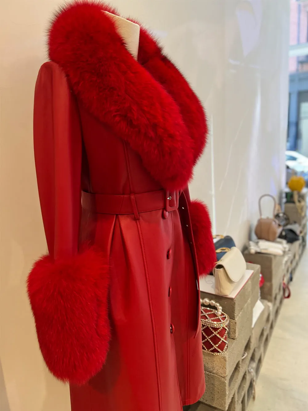 Faux Fur Genuine Leather Coat in Red