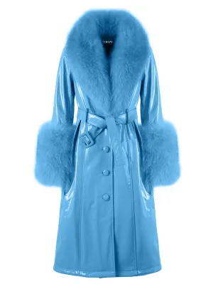 Faux Fur Genuine Patent Leather Coat in Light Blue