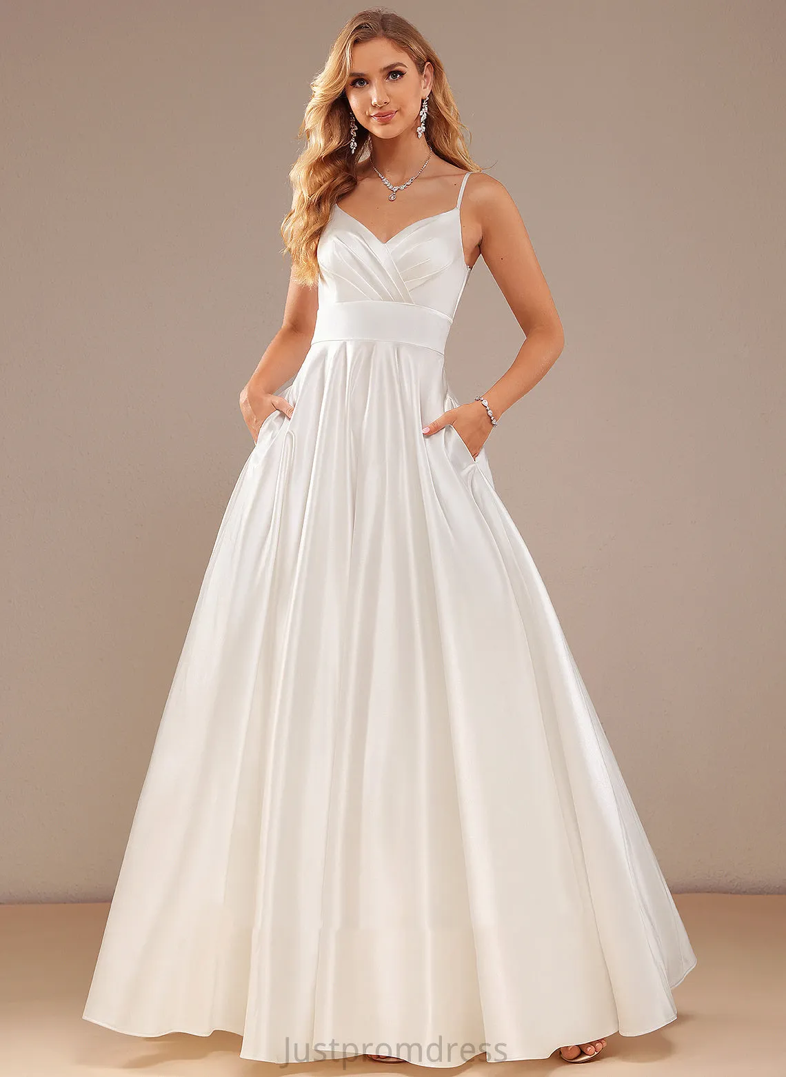 Floor-Length V-neck Pockets Satin Dress Wedding Eileen Ball-Gown/Princess Wedding Dresses With