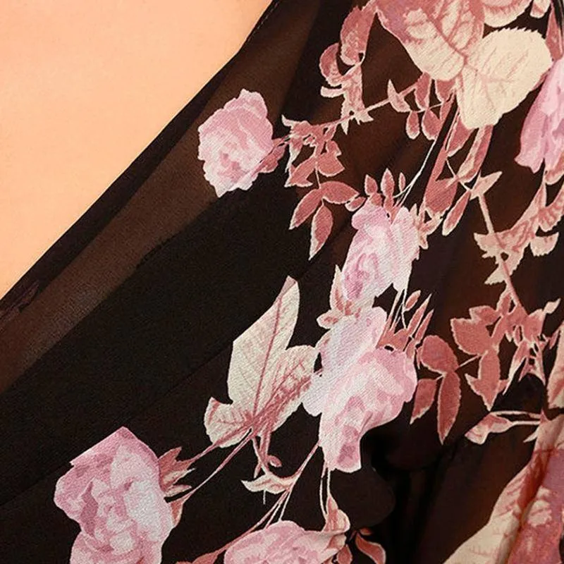 Floral Print Wrap Chiffon Blouse Lantern Sleeves Shirt (US 2-14)
