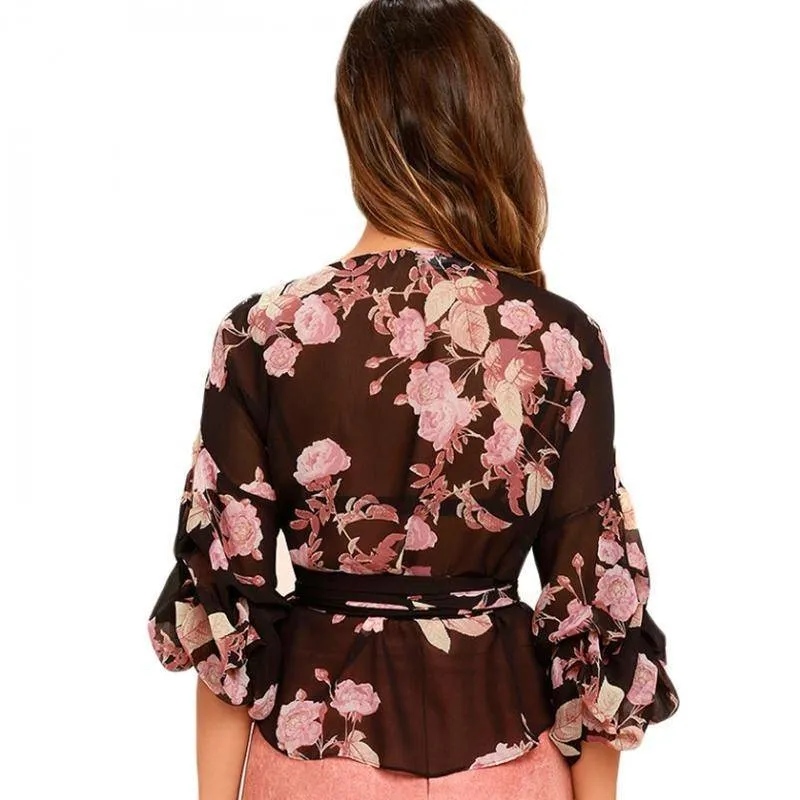 Floral Print Wrap Chiffon Blouse Lantern Sleeves Shirt (US 2-14)