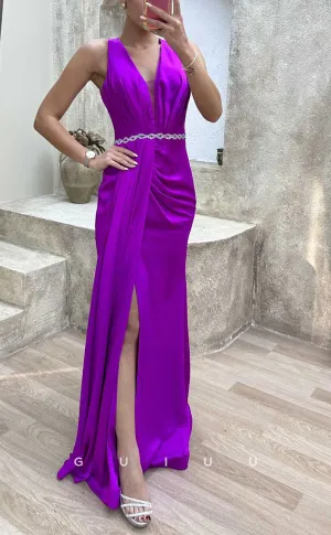 G4182 - Chic & Modern Sheath V-Neck Beaded and Draped Formal Evening Party Prom Dress with High Side Slit