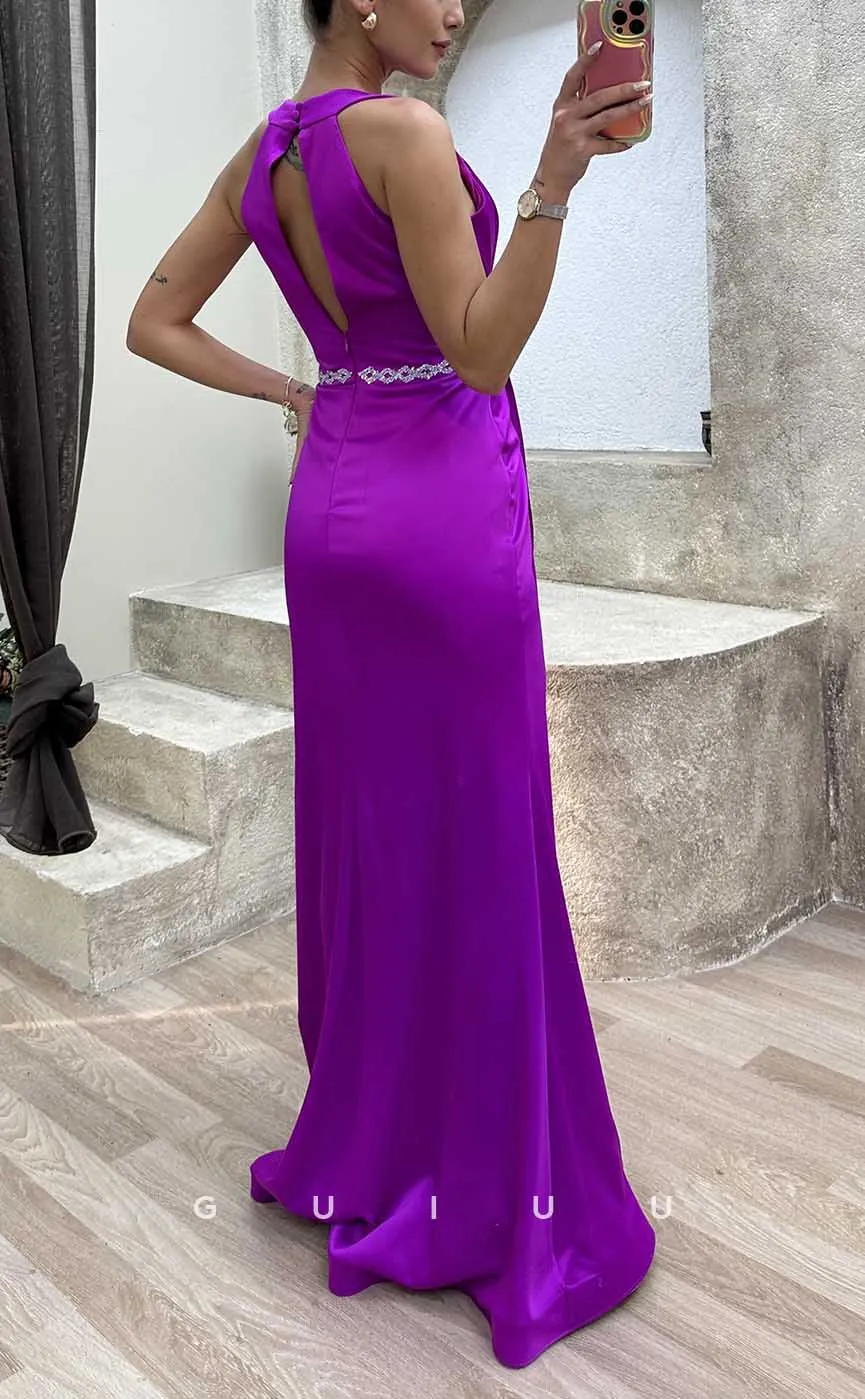 G4182 - Chic & Modern Sheath V-Neck Beaded and Draped Formal Evening Party Prom Dress with High Side Slit