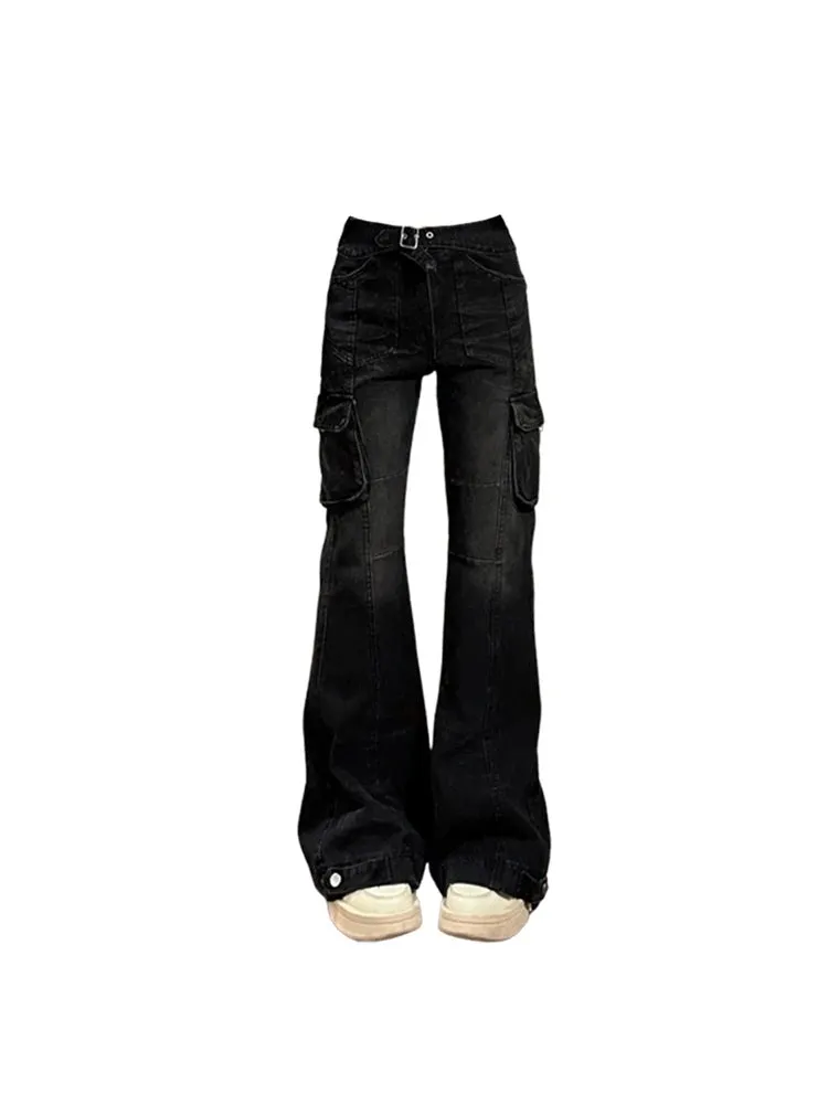 Girlary Women Black Gothic Cargo Flare Jeans Emo 2000s Vintage High Waist Baggy Denim Trousers Y2k Harajuku 90s Aesthetic Pants Clothes