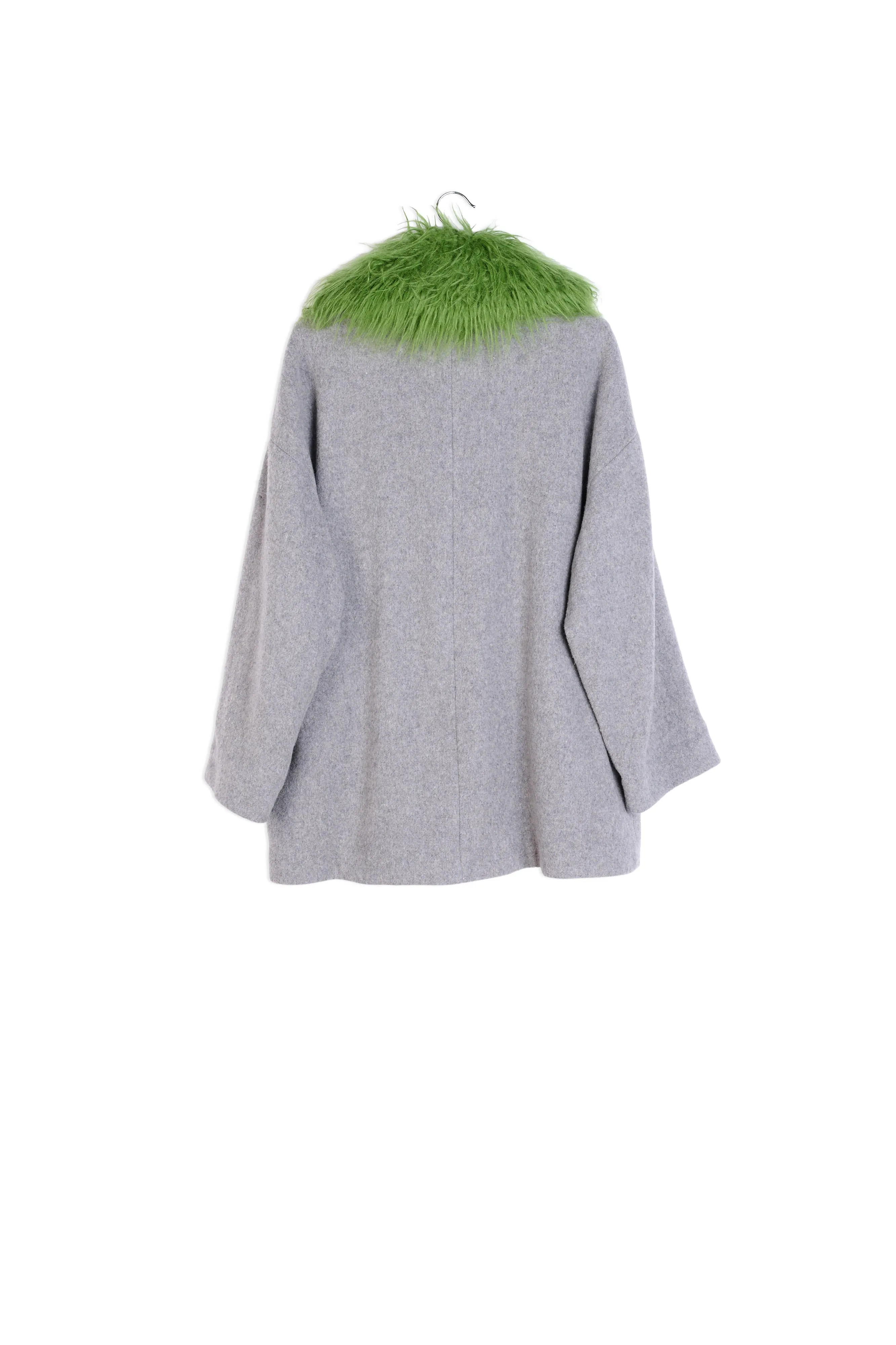 Grey wool-blend coat with green faux fur collar