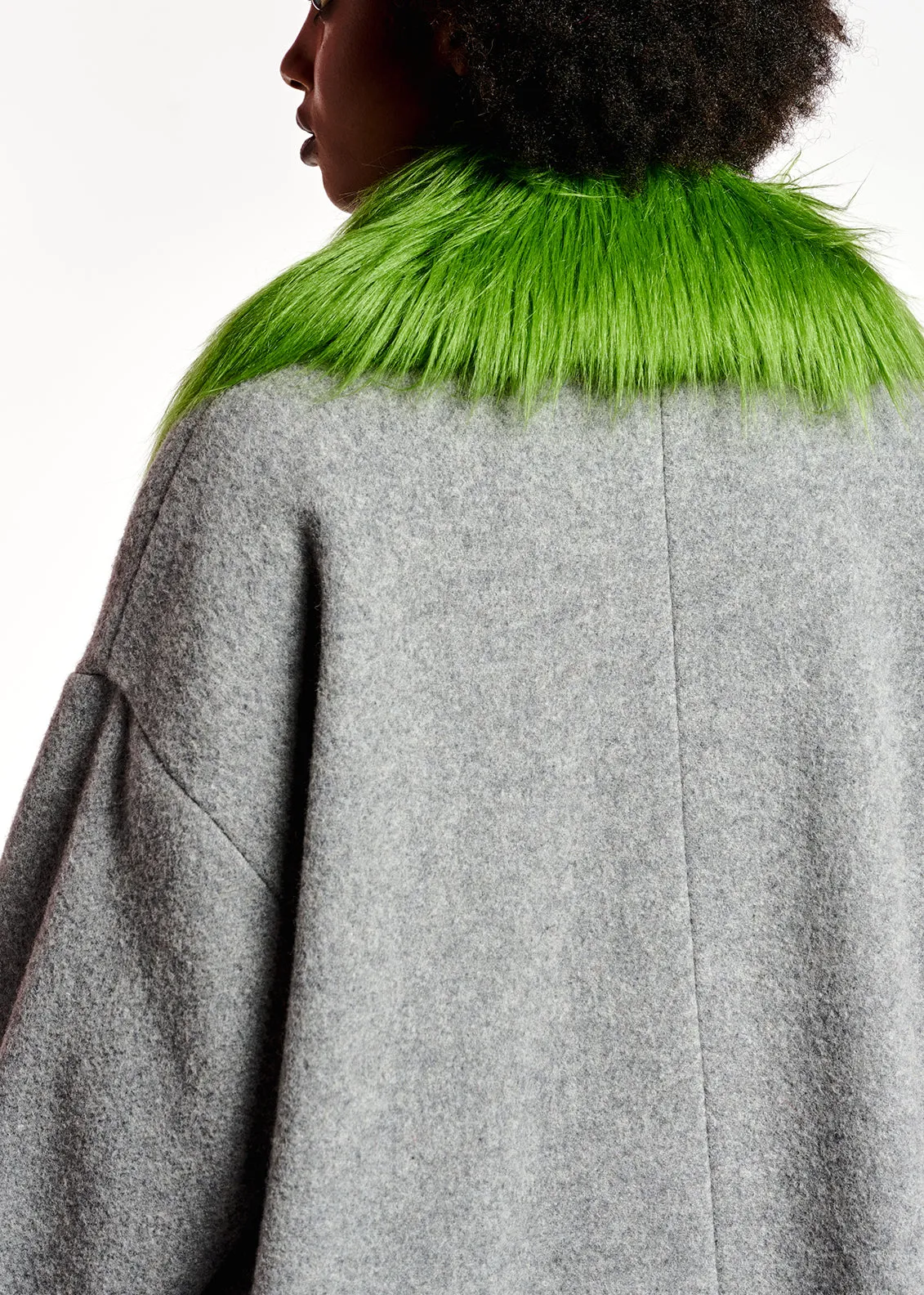 Grey wool-blend coat with green faux fur collar