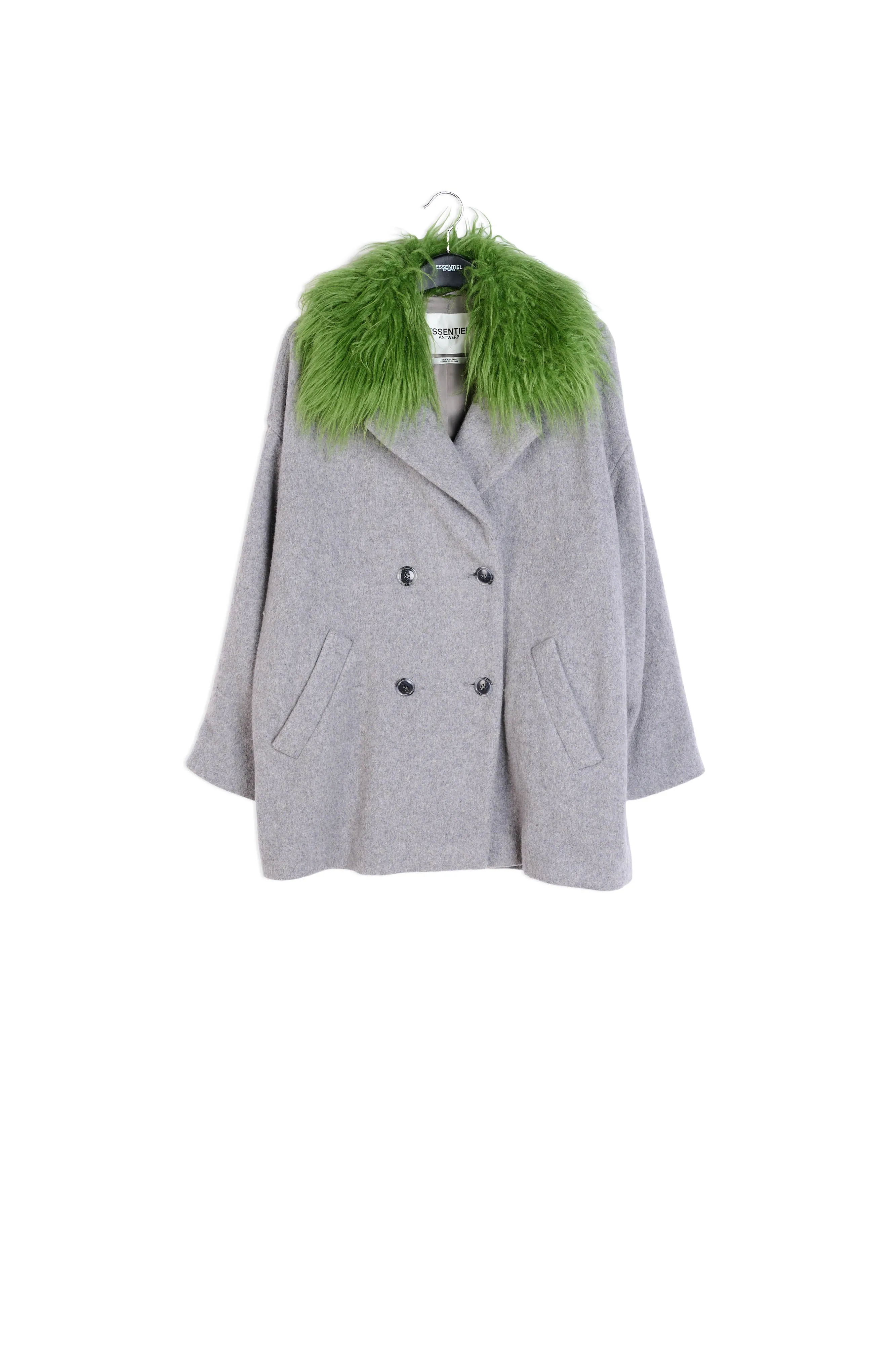 Grey wool-blend coat with green faux fur collar