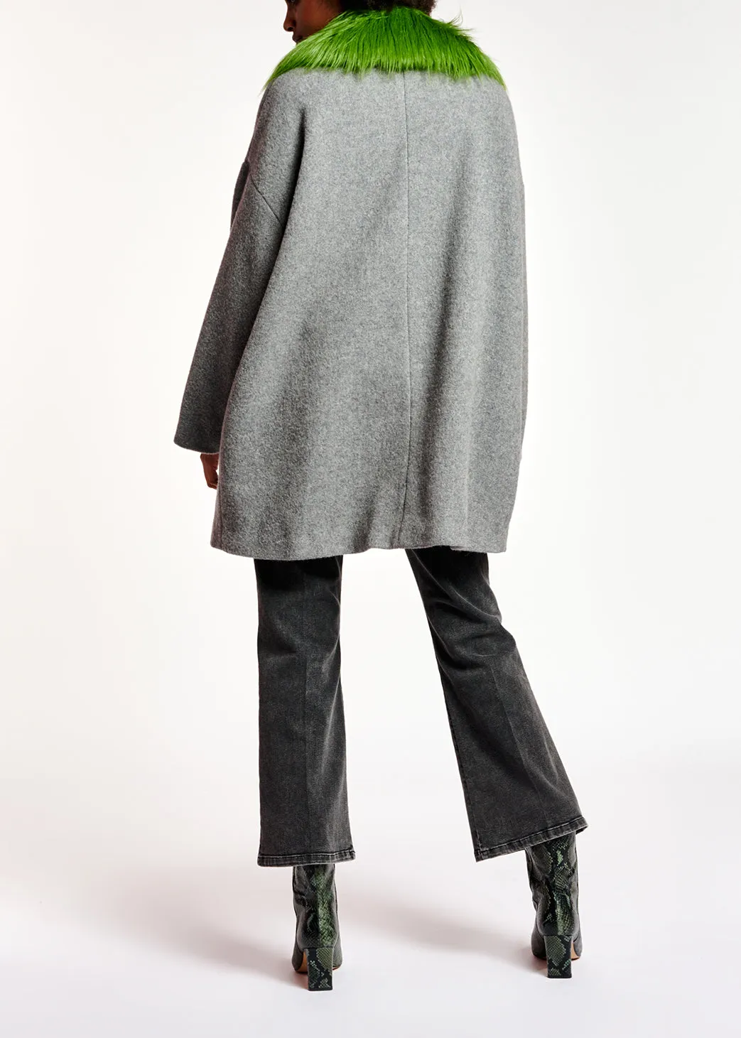 Grey wool-blend coat with green faux fur collar