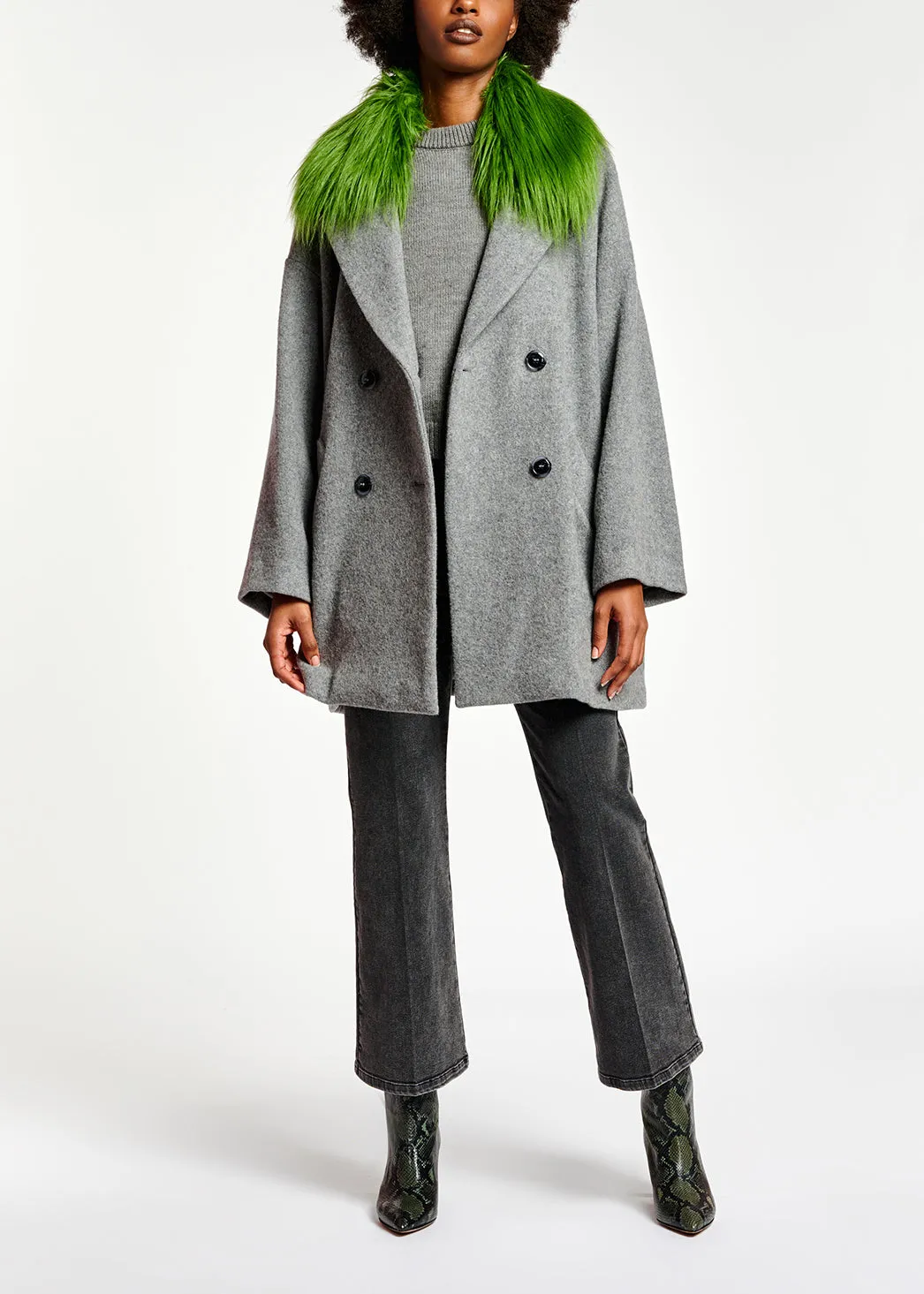 Grey wool-blend coat with green faux fur collar