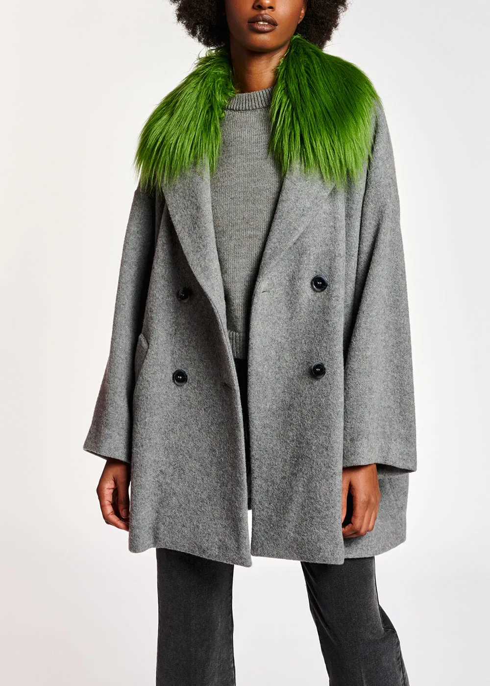 Grey wool-blend coat with green faux fur collar