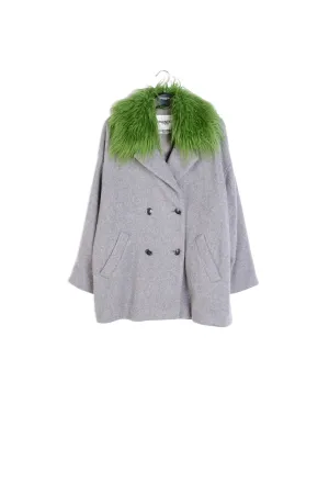 Grey wool-blend coat with green faux fur collar