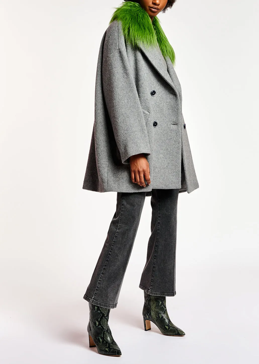 Grey wool-blend coat with green faux fur collar