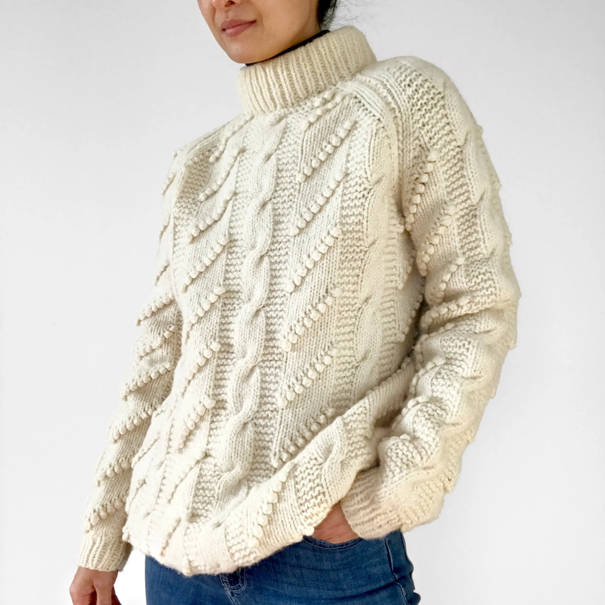 Handmade Wool Cable-Knit Bobble-Knit Pullover Sweater