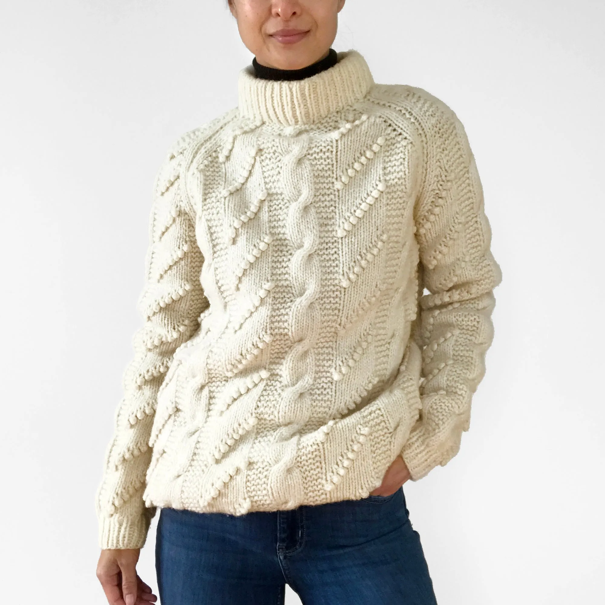 Handmade Wool Cable-Knit Bobble-Knit Pullover Sweater