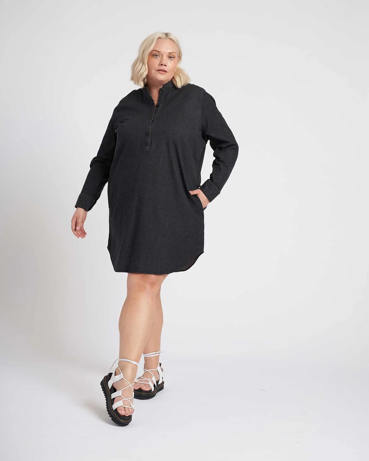 Hannah Stretch Cotton Chambray Shirtdress - Black