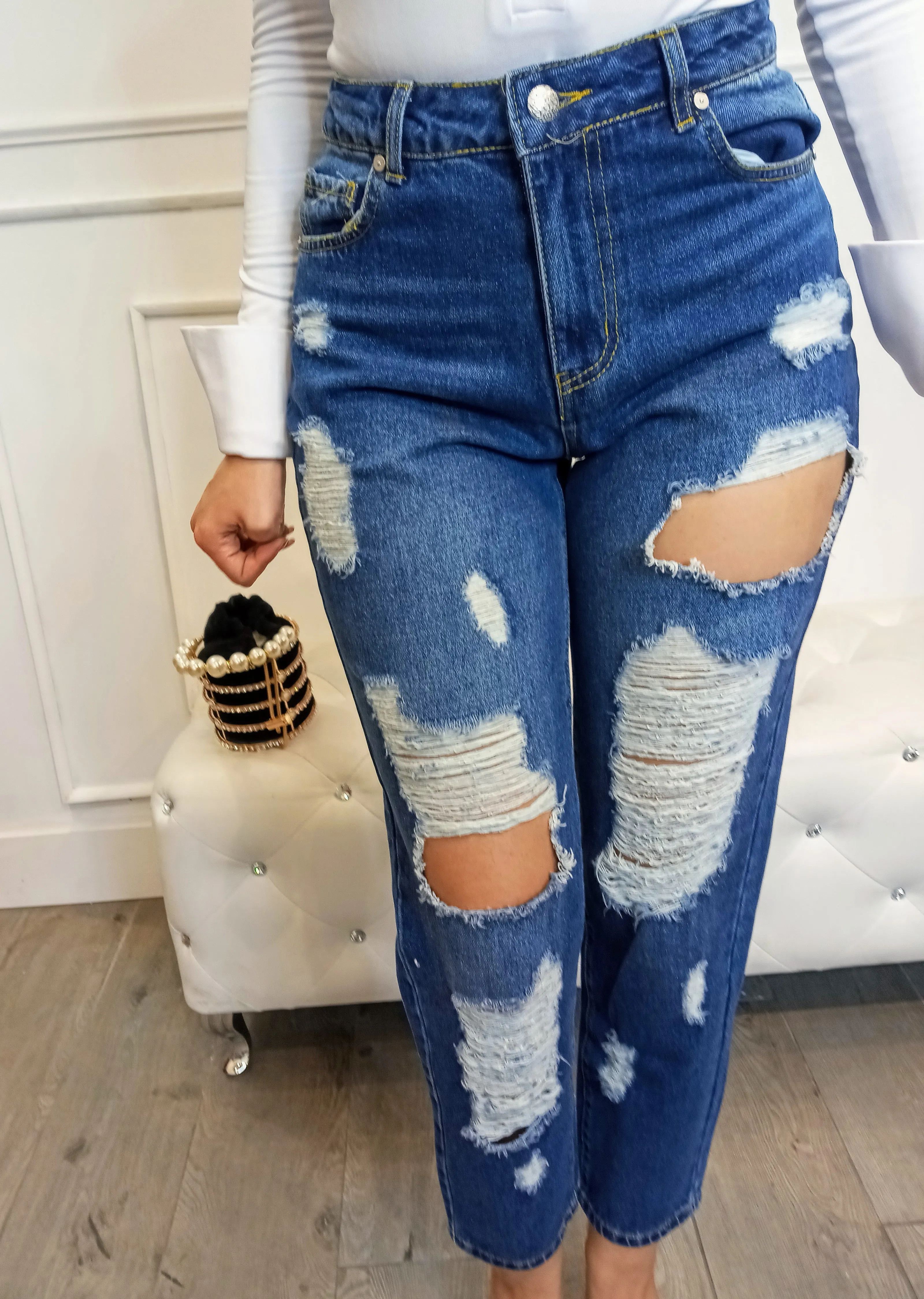 IN MY MIND High Waisted Ripped Denim Mom/Boyfriend Jeans