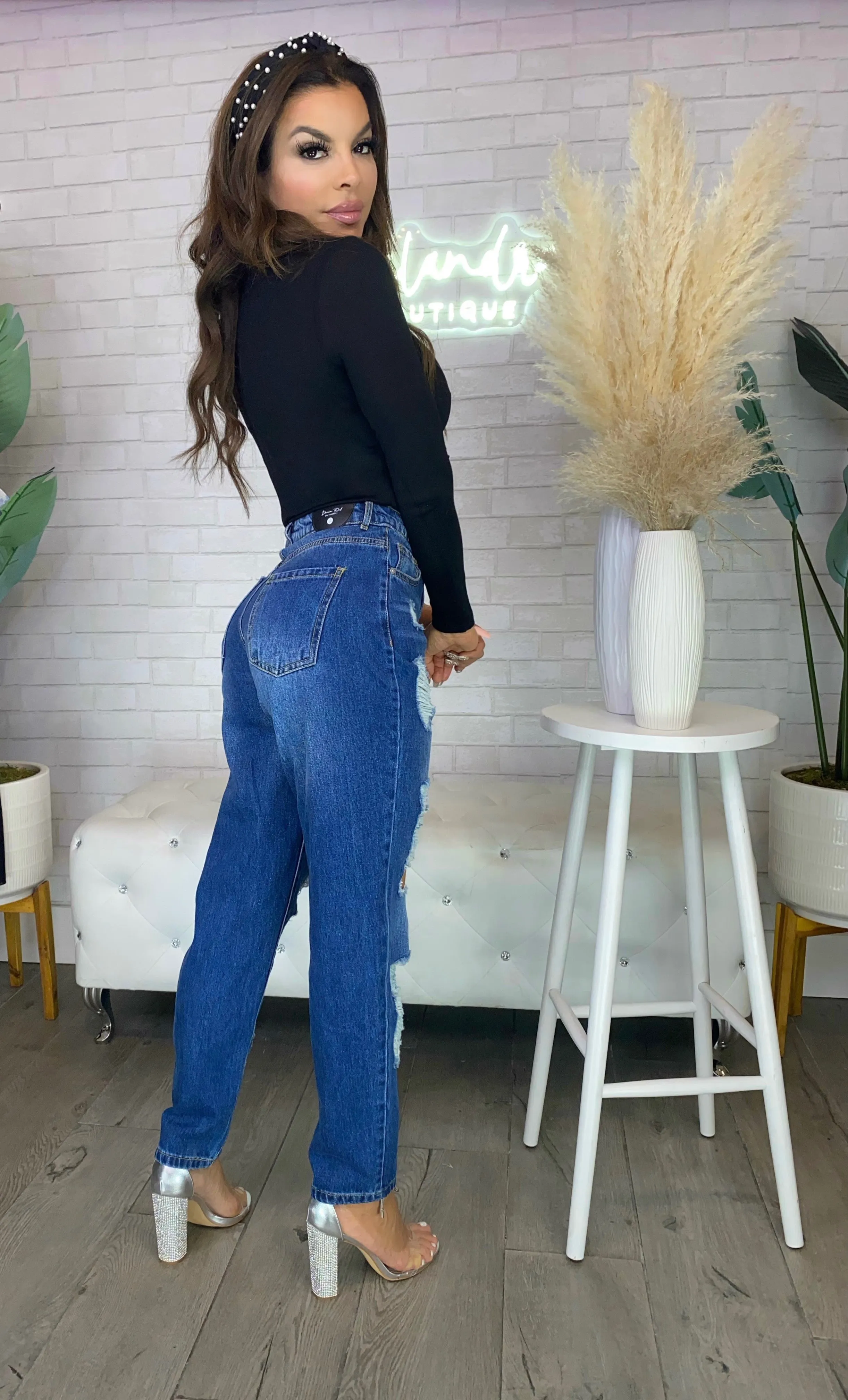 IN MY MIND High Waisted Ripped Denim Mom/Boyfriend Jeans
