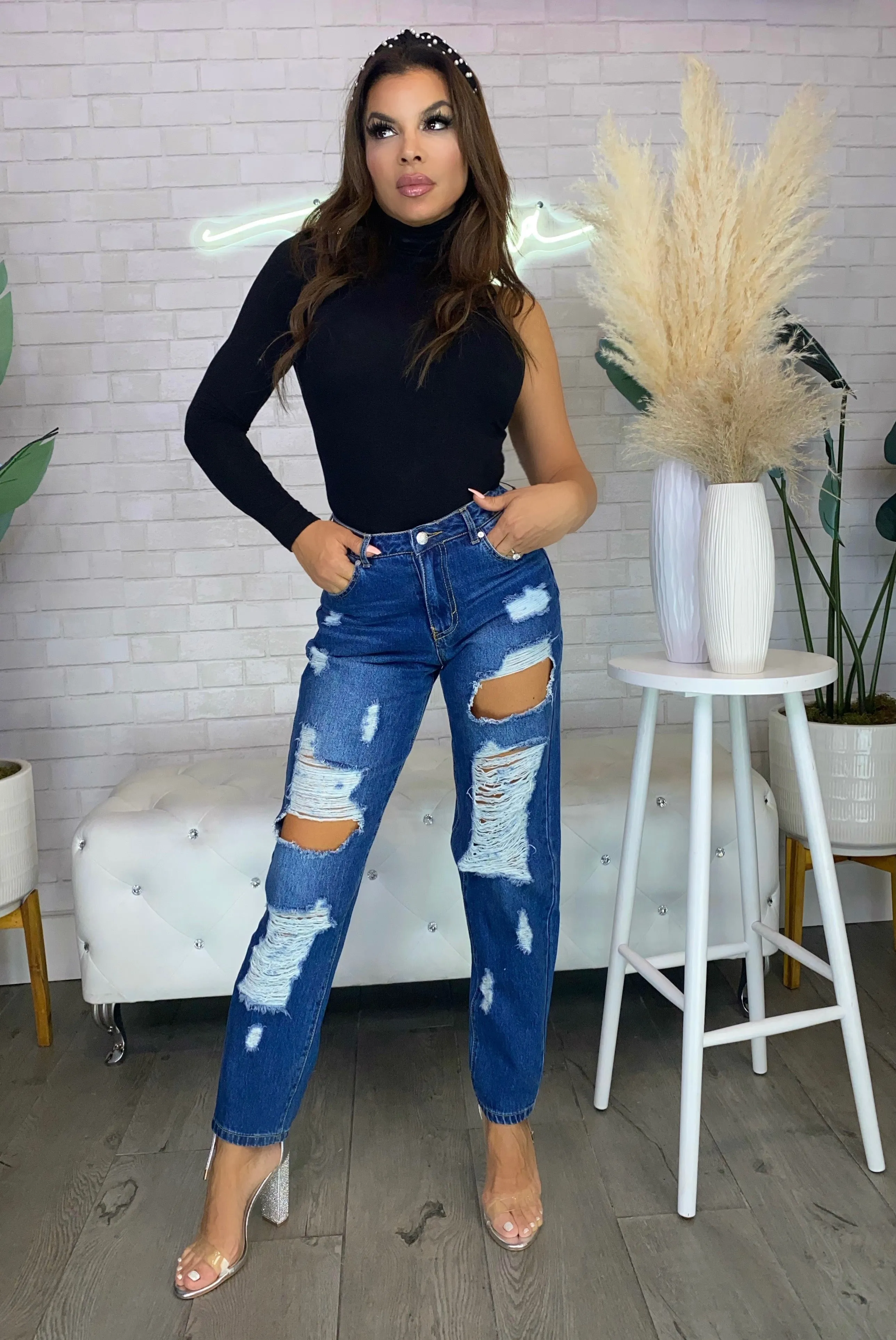 IN MY MIND High Waisted Ripped Denim Mom/Boyfriend Jeans
