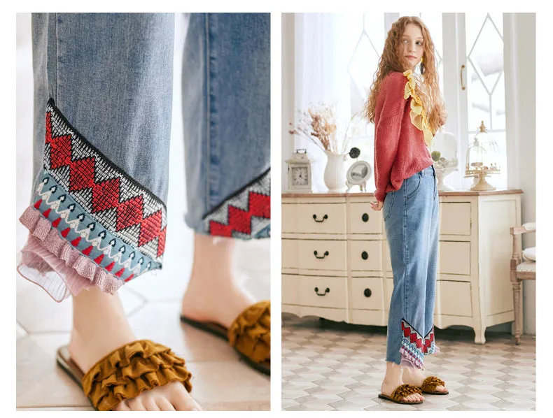 JAM PRINCESS STRAIGHT LEG JEANS IN EMBROIDERED FRILL DESIGN