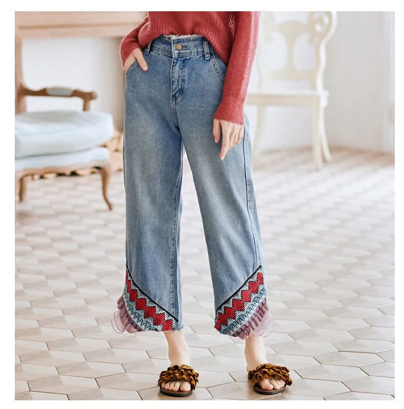 JAM PRINCESS STRAIGHT LEG JEANS IN EMBROIDERED FRILL DESIGN