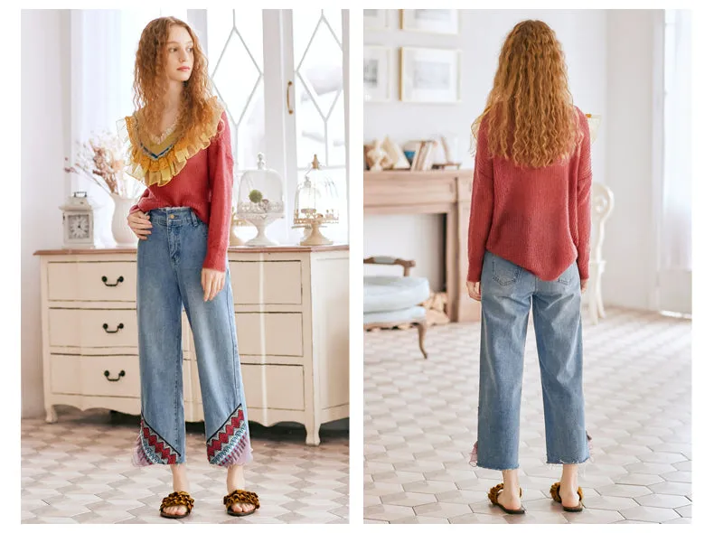 JAM PRINCESS STRAIGHT LEG JEANS IN EMBROIDERED FRILL DESIGN