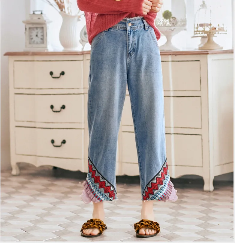 JAM PRINCESS STRAIGHT LEG JEANS IN EMBROIDERED FRILL DESIGN