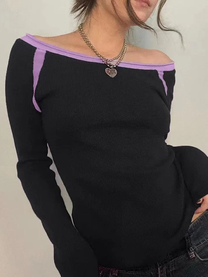 Joskaa Contrast Color Off Shoulder Long Sleeve Tee