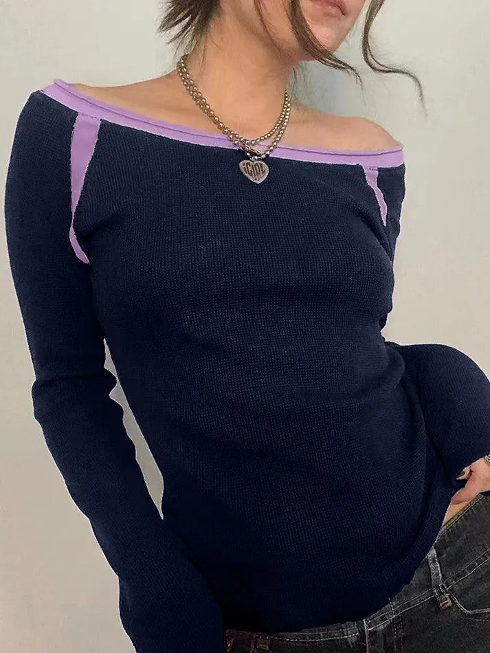 Joskaa Contrast Color Off Shoulder Long Sleeve Tee