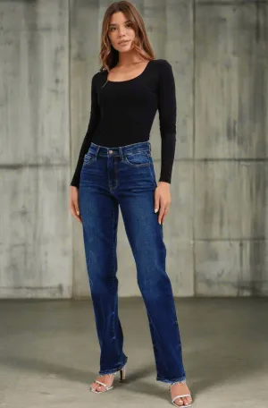 Judy Blue Mid Rise Frayed Hem Straight Leg Jeans