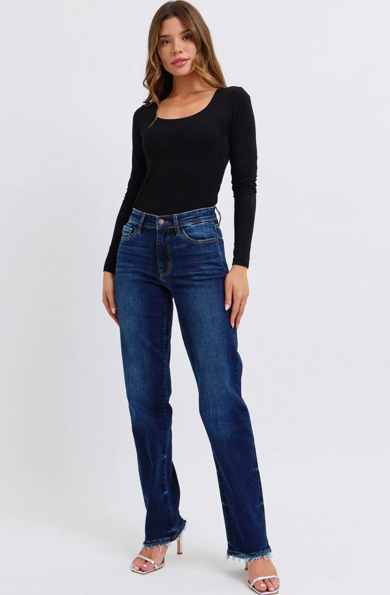 Judy Blue Mid Rise Frayed Hem Straight Leg Jeans