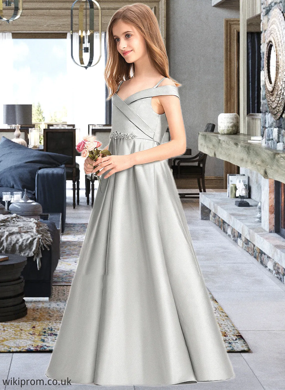 Kenley Ball-Gown/Princess Off-the-Shoulder Floor-Length Satin Junior Bridesmaid Dress SWKP0013404