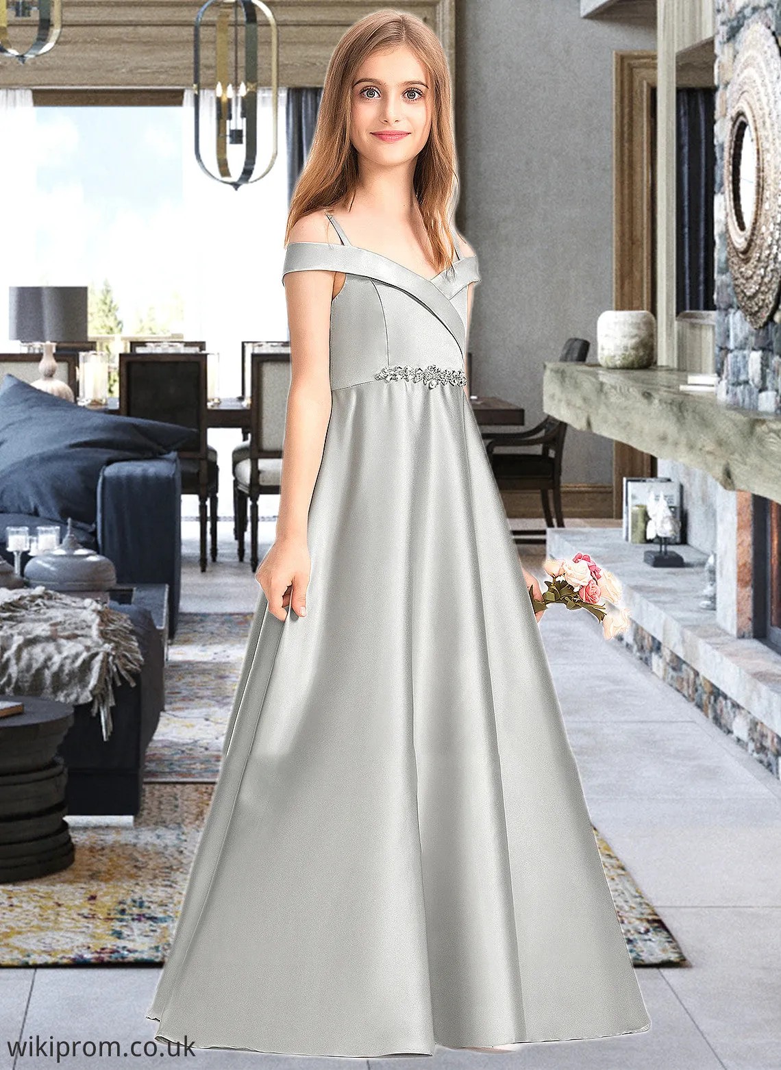 Kenley Ball-Gown/Princess Off-the-Shoulder Floor-Length Satin Junior Bridesmaid Dress SWKP0013404