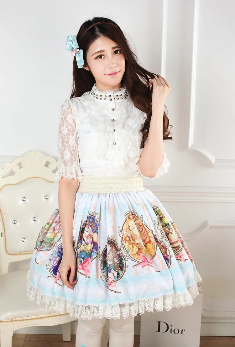 Light Sky Blue Sweet Zodiac Sign Printed Girl's Lovely Pleated Short Lolita Skirt with Lace Trimming