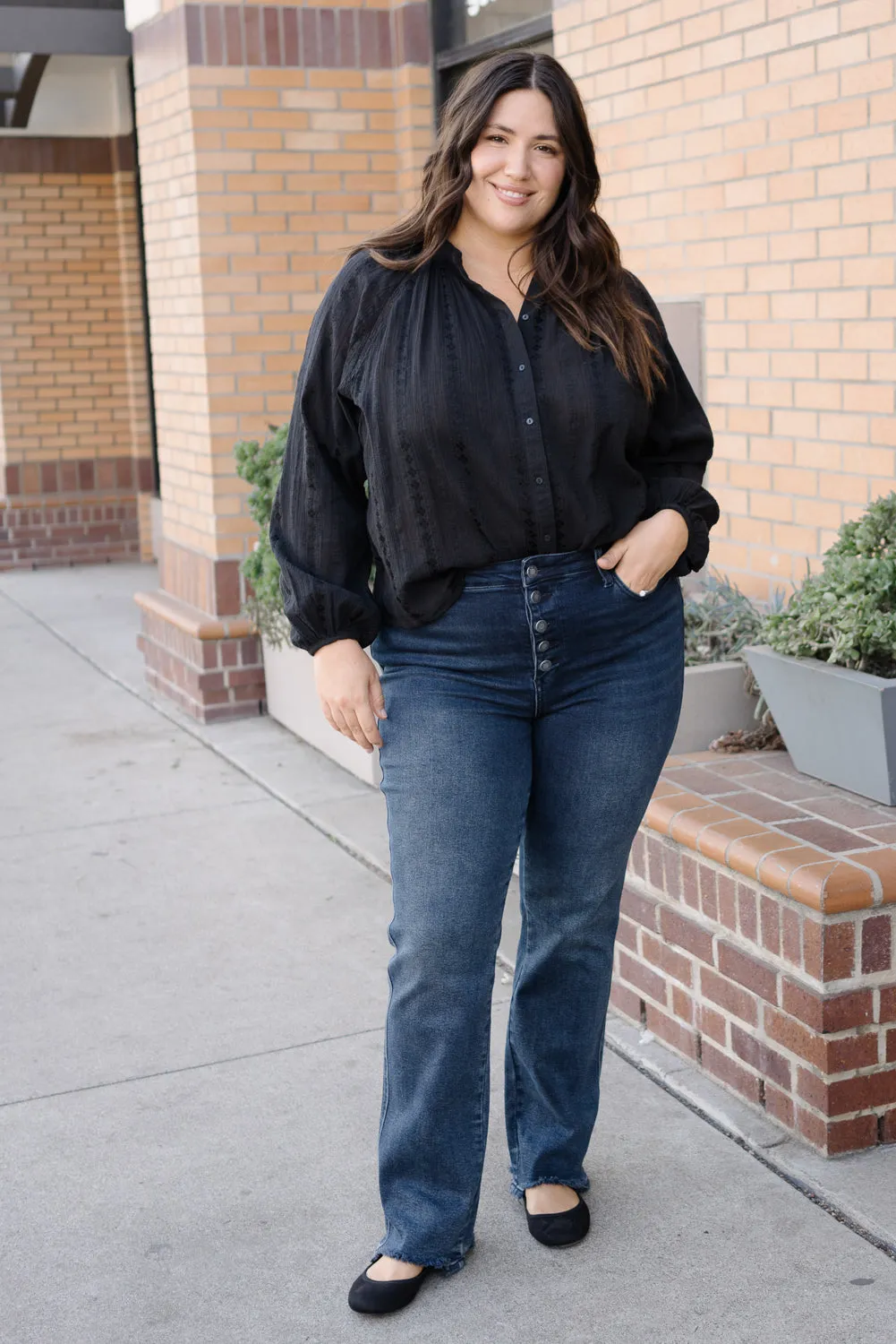Lisa High Rise Button Fly Hem Distressed Straight Jeans - PLUS