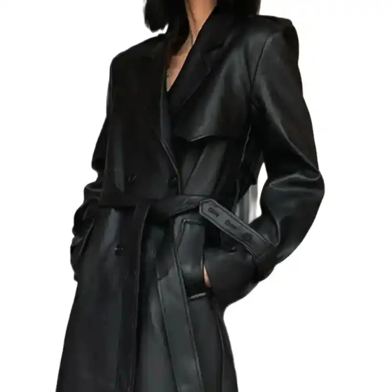 Long Black Faux Fur Trench Coat With Belt and Double Button
