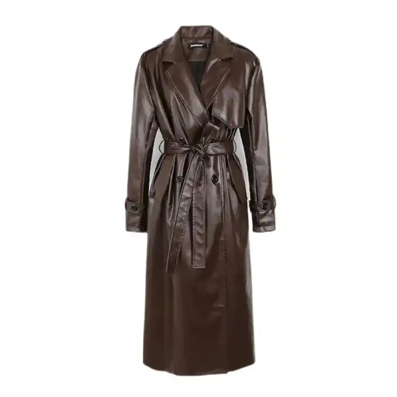 Long Black Faux Fur Trench Coat With Belt and Double Button