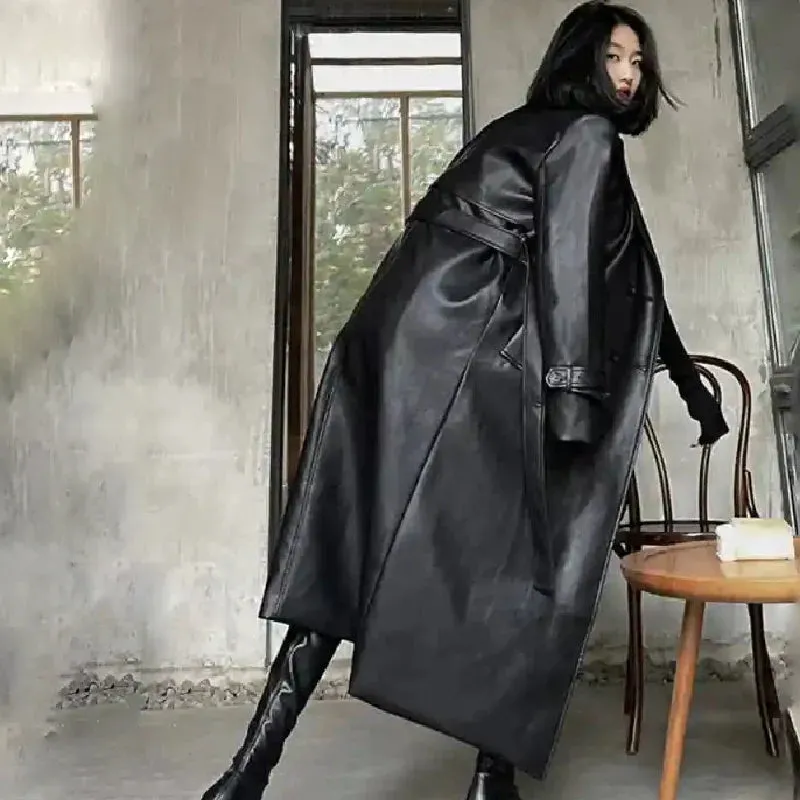Long Black Faux Fur Trench Coat With Belt and Double Button