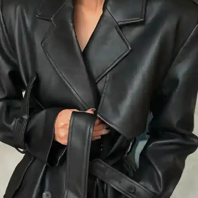Long Black Faux Fur Trench Coat With Belt and Double Button