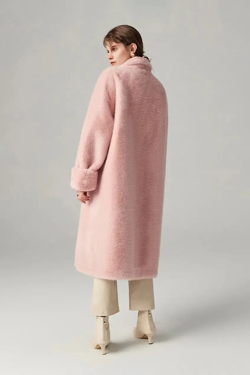 Long Double-breasted Pink Faux Fur Coat With Lapel Collar