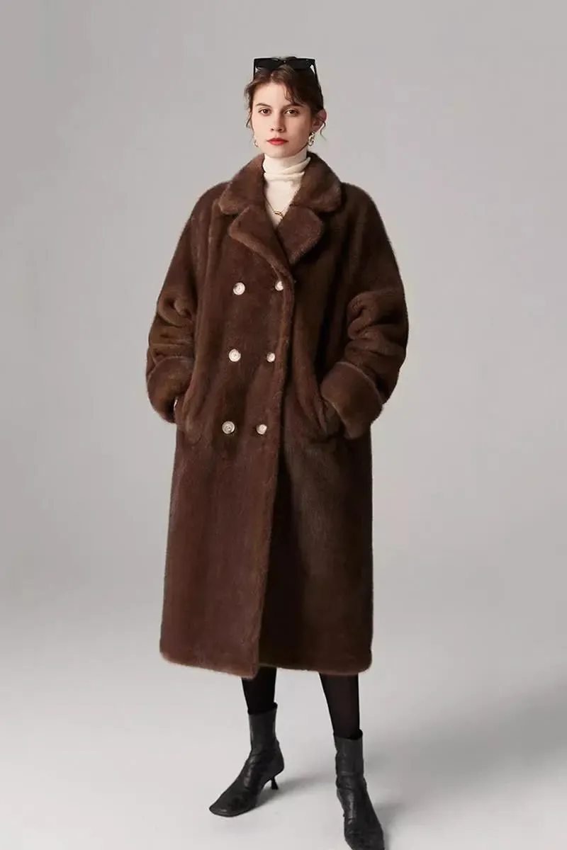 Long Double-breasted Pink Faux Fur Coat With Lapel Collar