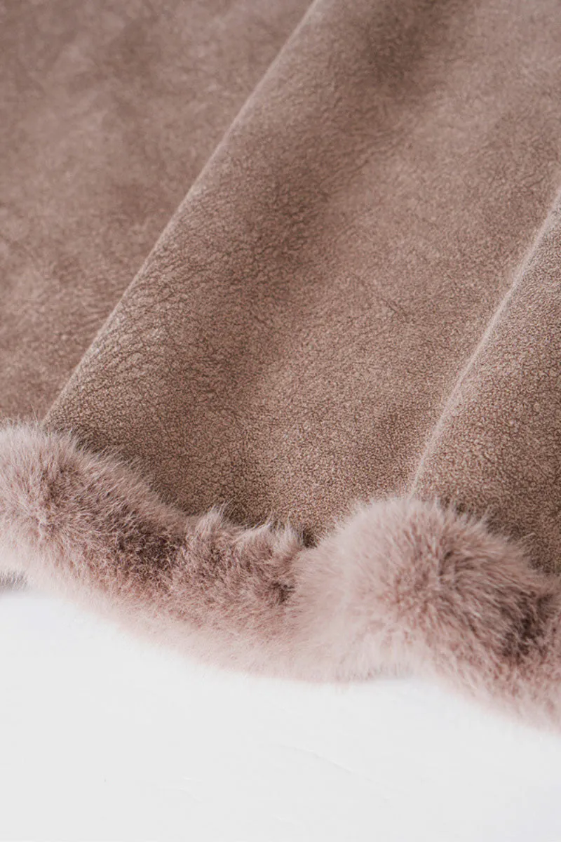 Long Double-breasted Pink Faux Fur Coat With Lapel Collar