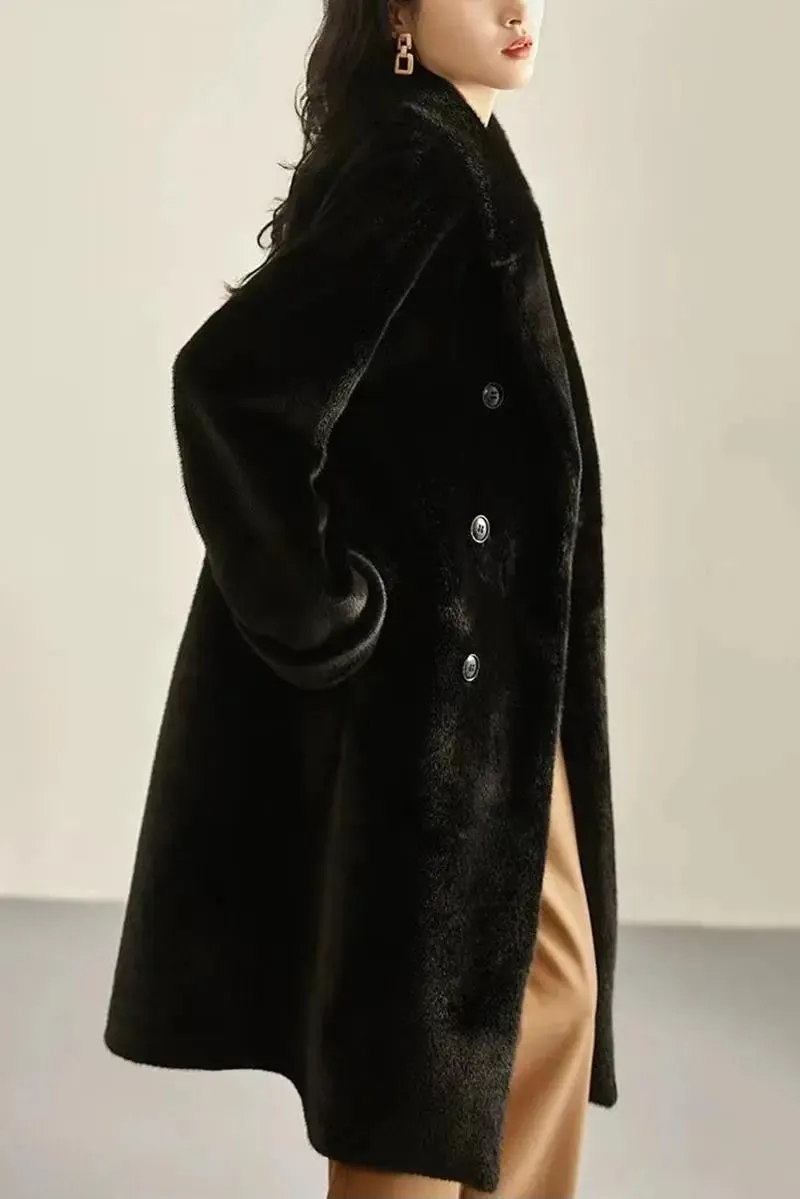 Long Double-breasted Pink Faux Fur Coat With Lapel Collar