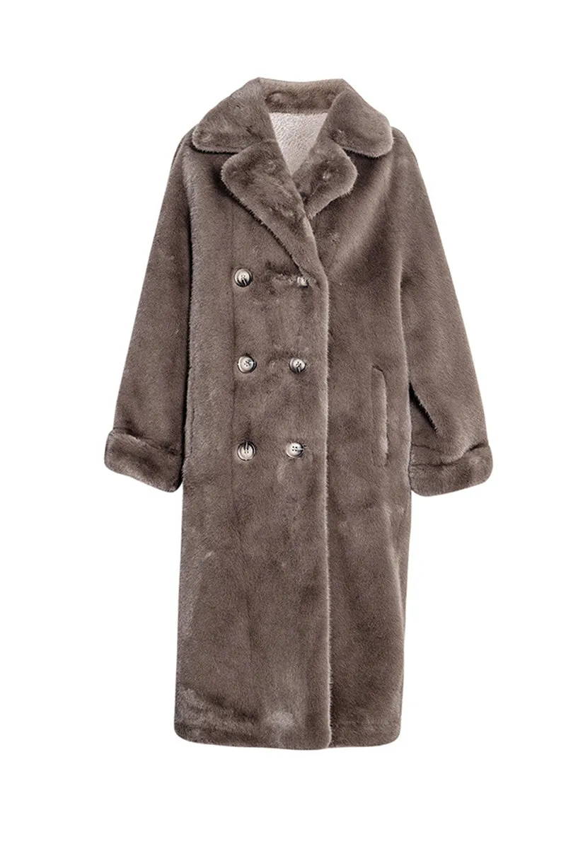 Long Double-breasted Pink Faux Fur Coat With Lapel Collar