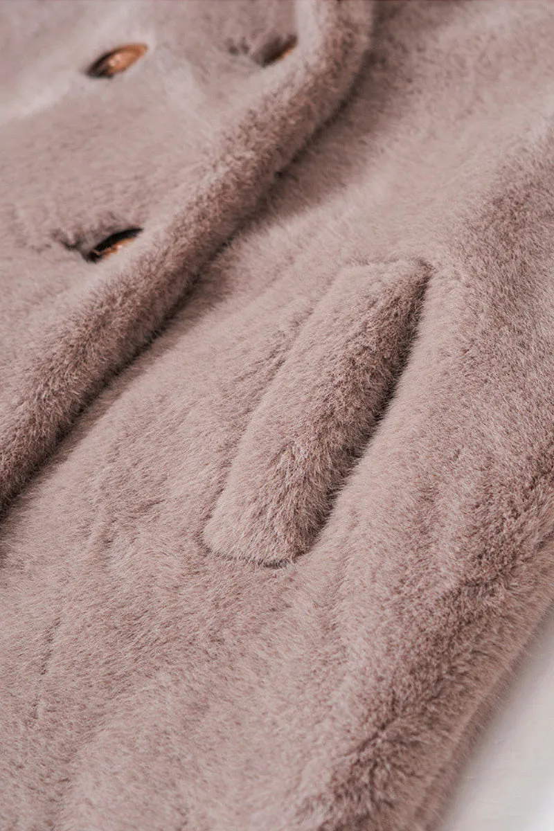 Long Double-breasted Pink Faux Fur Coat With Lapel Collar
